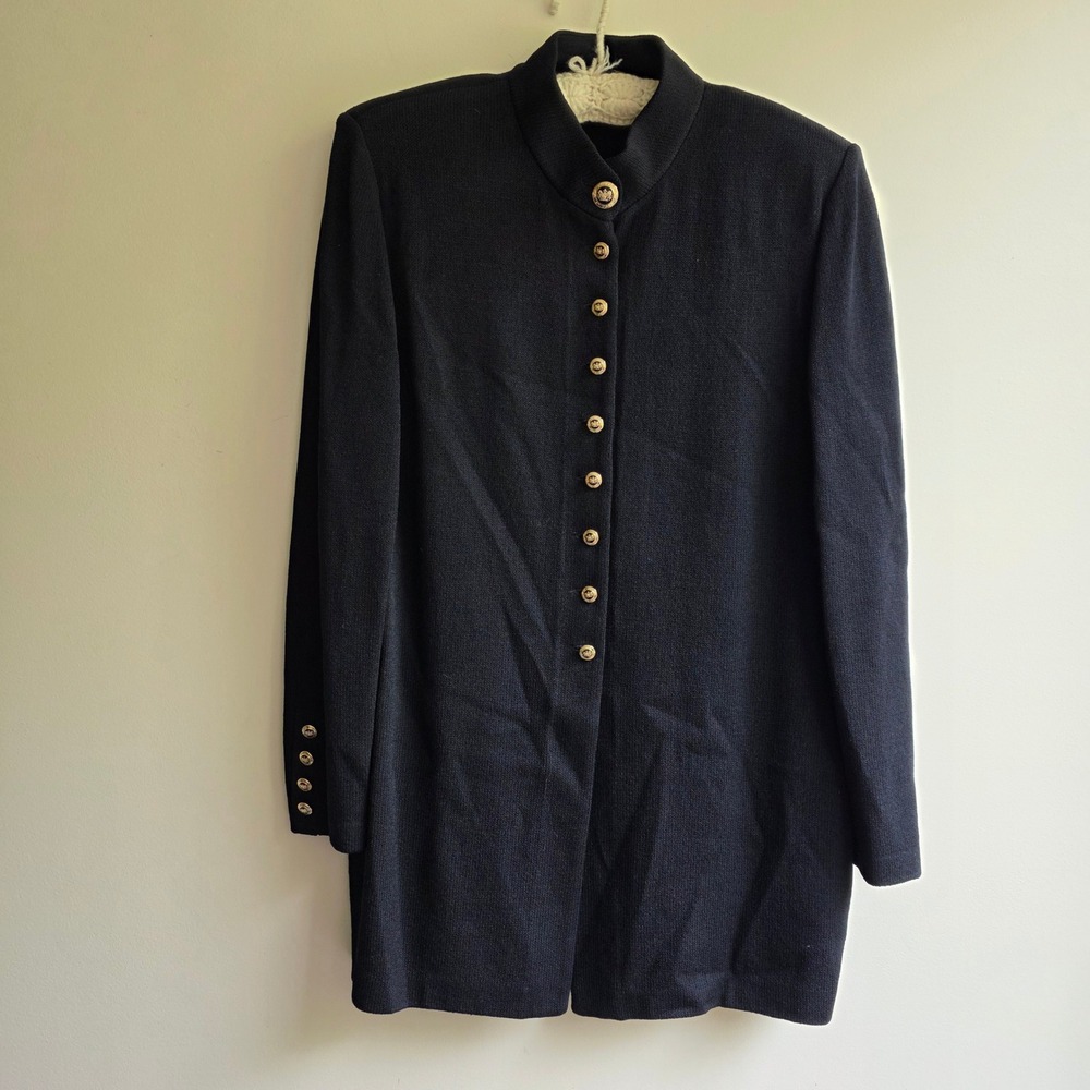 St John Basics Vintage Military Style Knit Jacket Black Gold Crest Button 12‎